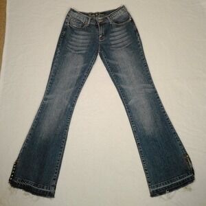 Vanilla Jeans Women's Flared Denim Jeans Butterfly Embroidery Studded Hem Size 7